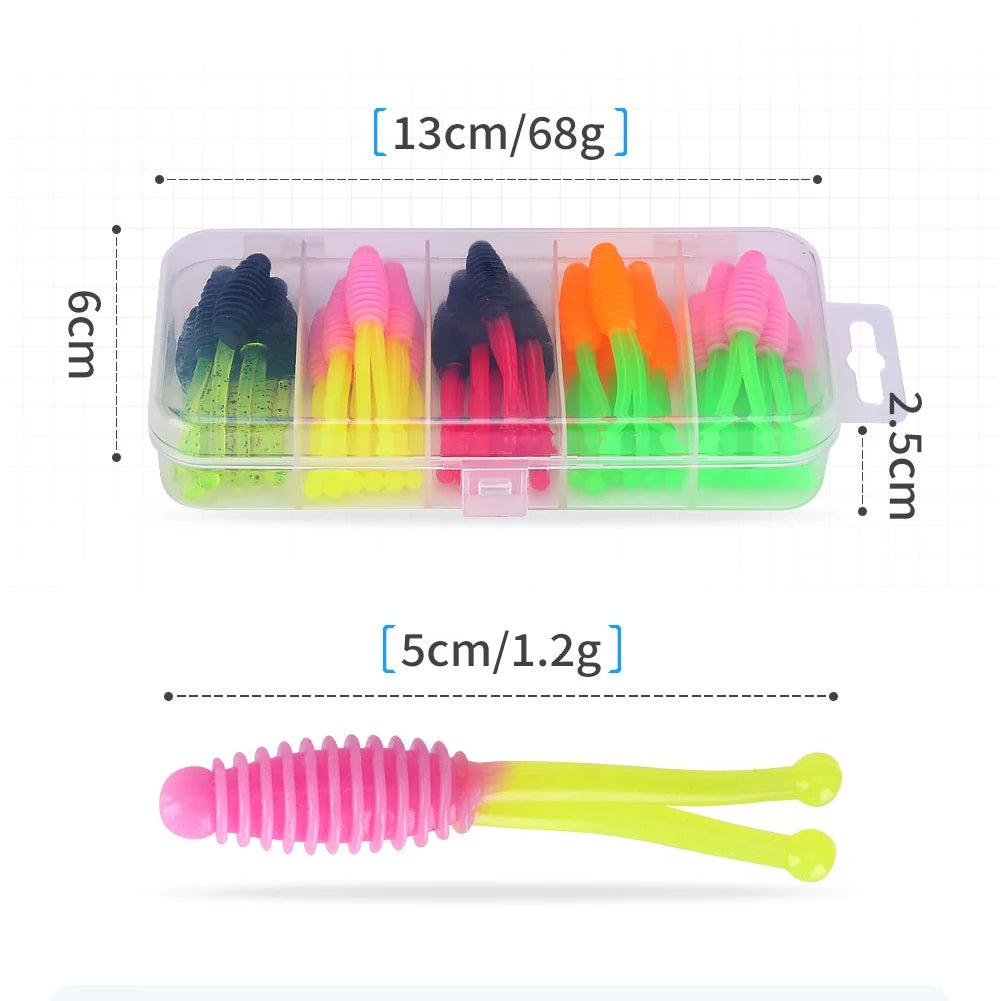 30pcs Soft Fishing Lures 50mm 1.2g Artificial Bait Two-Tail Shaped Swimbaits for Saltwater and Freshwater Bass Crappie Walleye Qme