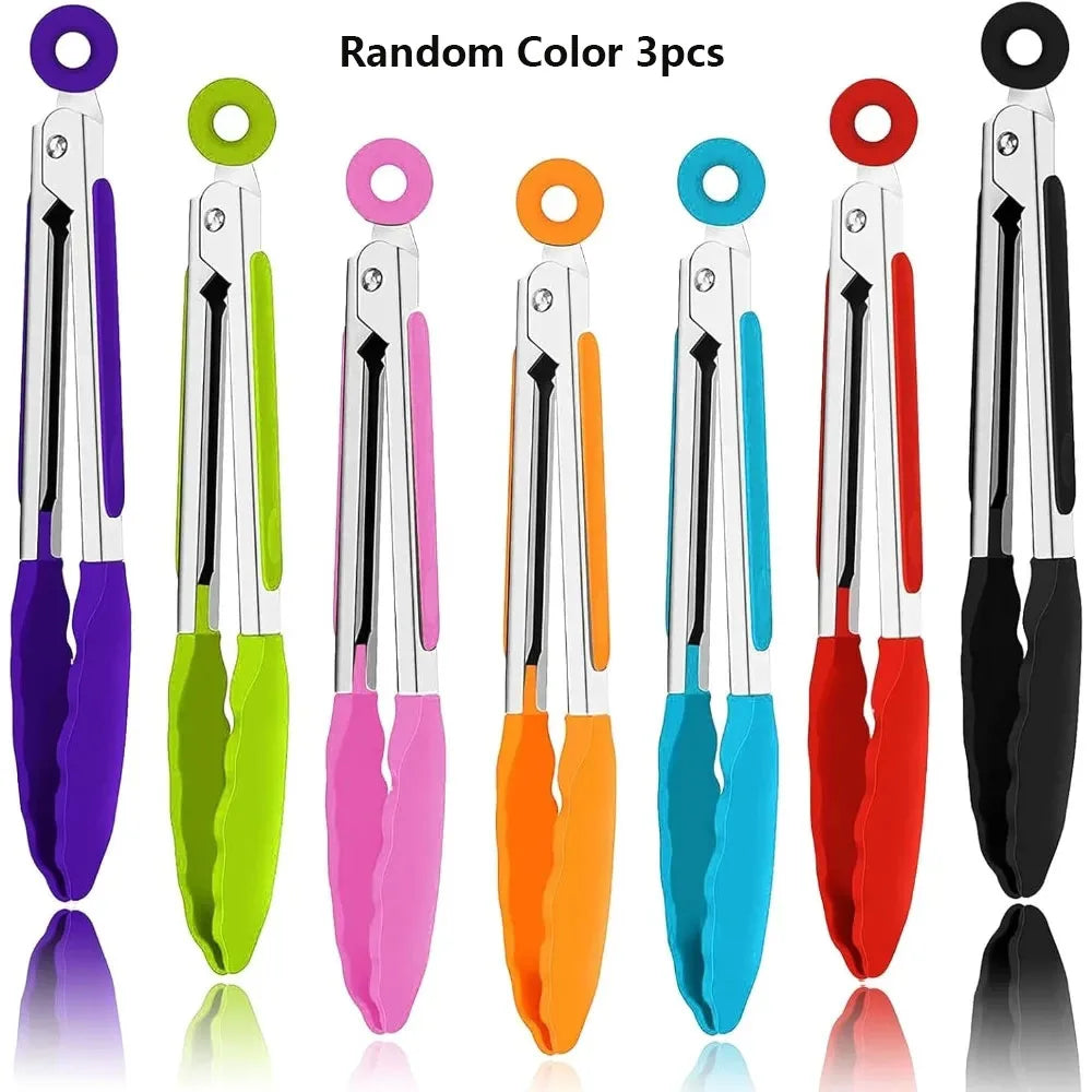 Kitchen Pliers With Stainless Steel Silicone Handle And Nylon Tip Cooking Clip, Heat-resistant And Non Stick Barbecue Clip Lock Qme Random color 3pcs