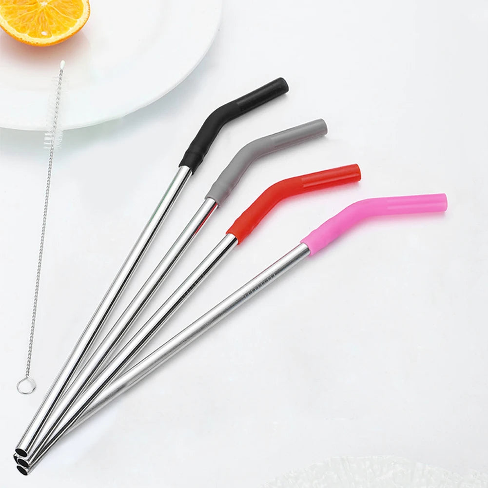 4Pcs Stainless Steel Straw with Silicone Tip Cleaning Brush Long Metal Straw with Silicone Tips for Stanley 40oz Cup Accessories Qme
