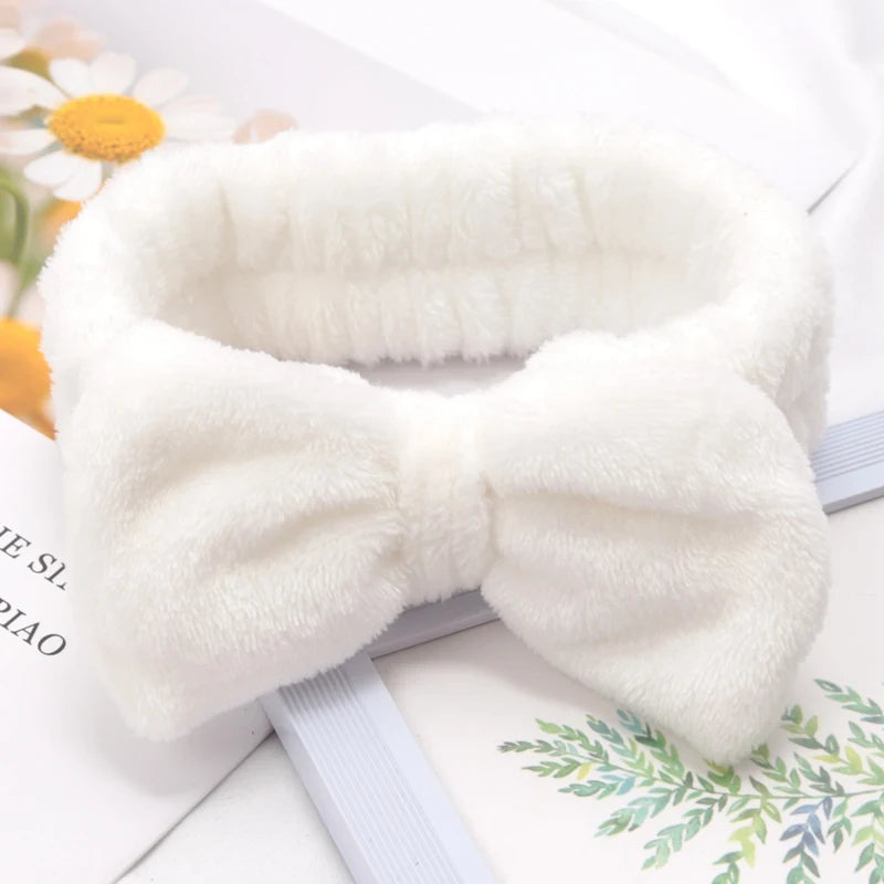 Soft Bow Headbands SPA Yoga Big Solid Coral Fleece Elastic Hair Bands Qme Ivory