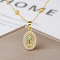 Gold/Rose Gold Virgin of Guadalupe Oval Pendant Necklace Rhinestone Filigree Hollow Religious Catholic Necklace for Women Gift Qme 1