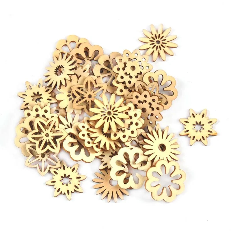 50pcs Hollow Flower Shape Natural Wooden Embellishment Scrapbook Accessories Handmade Crafts Ornament Home Decor 19-32mm c3626 Qme