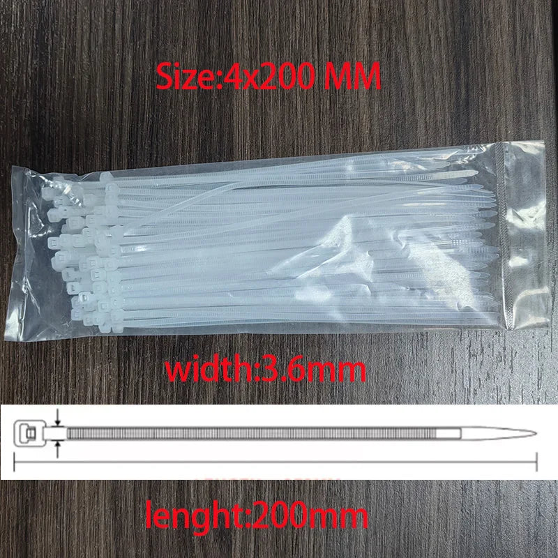 National Standard White PA66 Nylon Cable Ties 3x100 3x150 4x200 5x250mm Self Lock Wire Fastening Zip Tie Qme size-4x200mm 300PCS