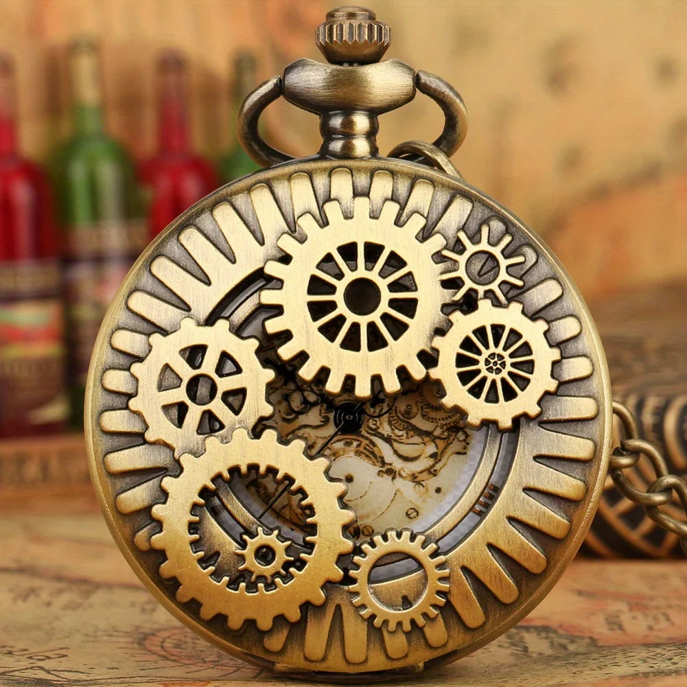 Steampunk Quartz Pocket Watch Retro Gearwheel Analog Necklace Chain Watch Sweater Clothing Accessory Gift For Women Men Qme Bronze