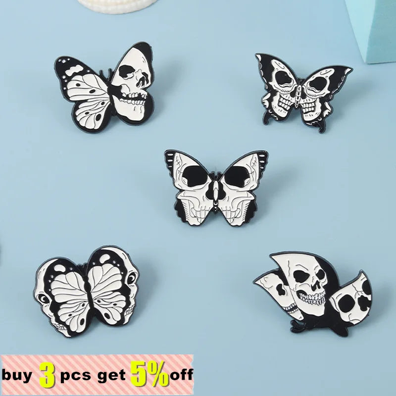Skeleton Butterfly Enamel Pins Black Skull Gothic Punk Lapel Clothes Badges Brooches Backpack Hat Jewelry Gift for Kid Friends Qme