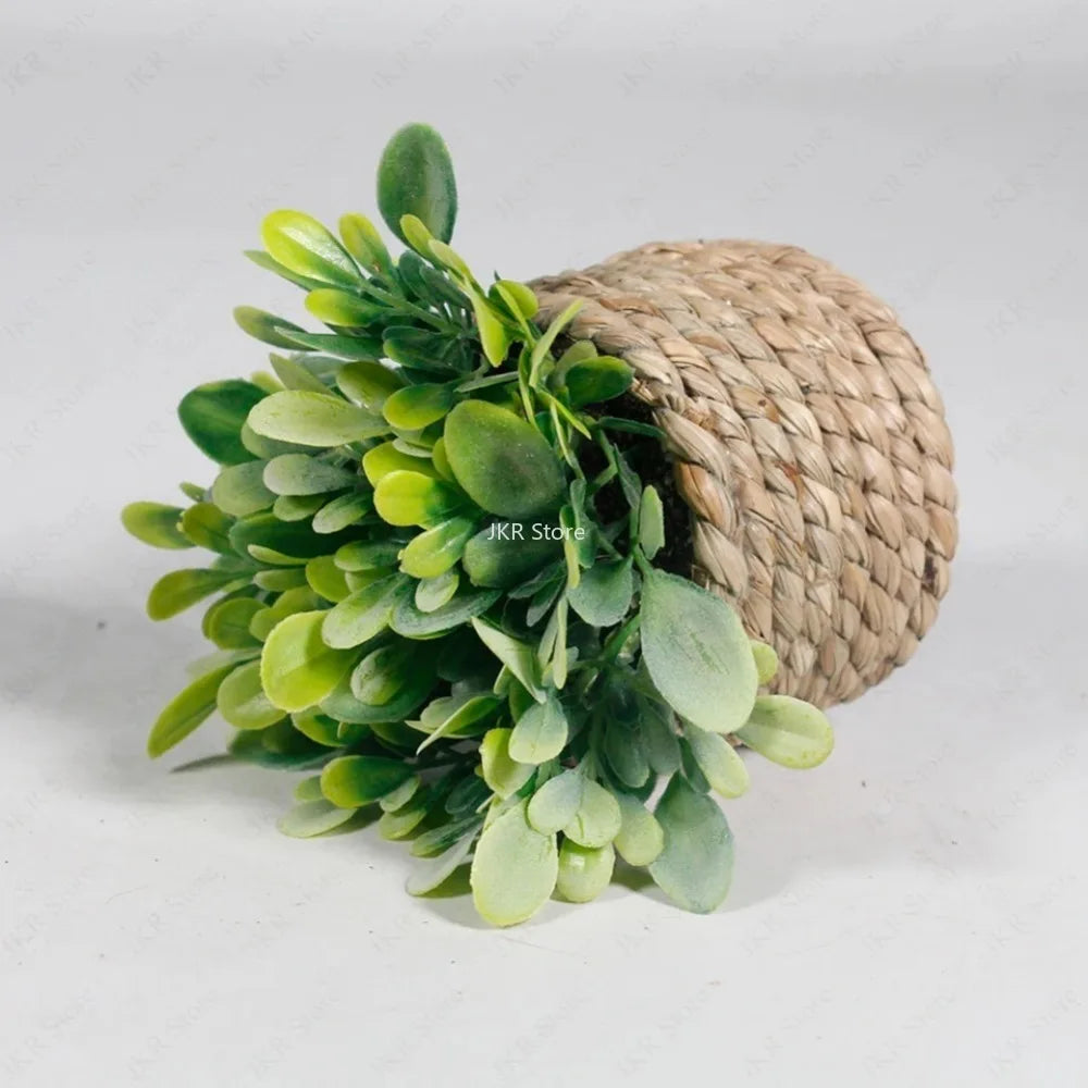 Mini PE Artificial Eucalyptus Plant Green Fake Potted Grass With Woven Pot Home Office Desktop Party Decor Holiday Gift Qme