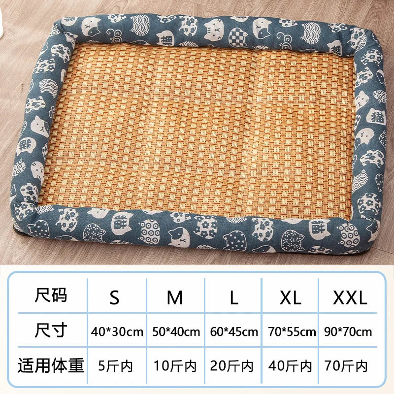 A Pet Summer Mat Cute Dog Cooling Sofa Breathable Small Dog Bed Cushion Moistureproof Rattan Wear Cat Mat Accessories Qme Blue Lucky Cat 50-40cm