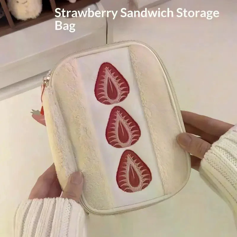 Cute Embroidered Strawberry Pencil Case Portable Stationery Pen Box Multi Functional Large Capacity Makeup Bag Storage Bag Qme