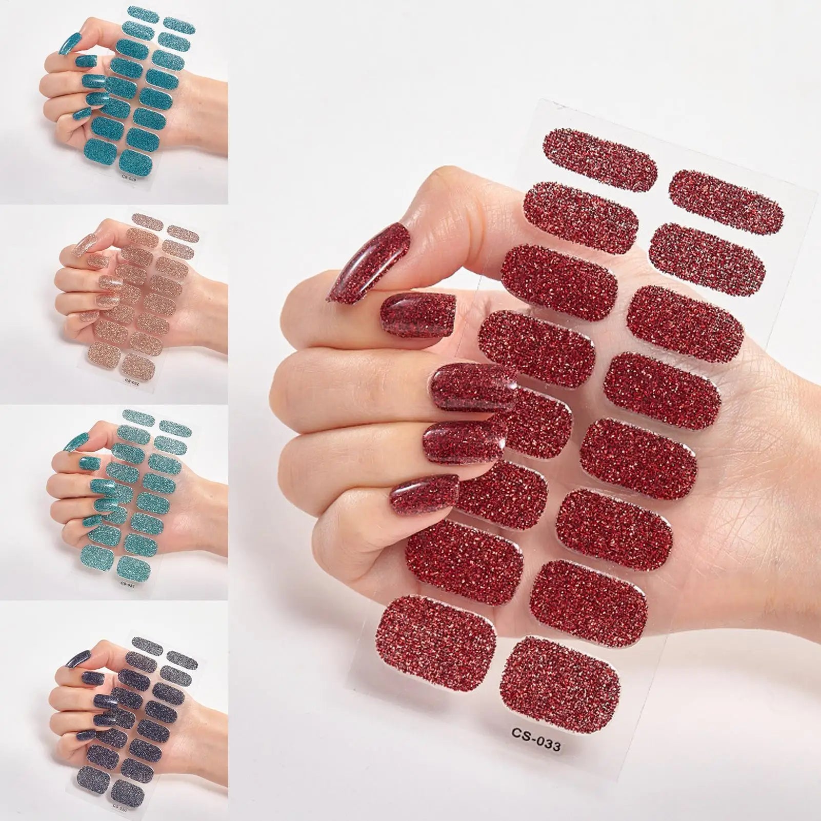 Hot 16Tips/1 Sheet Full Cover Nail Stickers Glitter Nail Polishs Strips Sparkling Red Self Adhesive DIY Manicure Art Decoration Qme