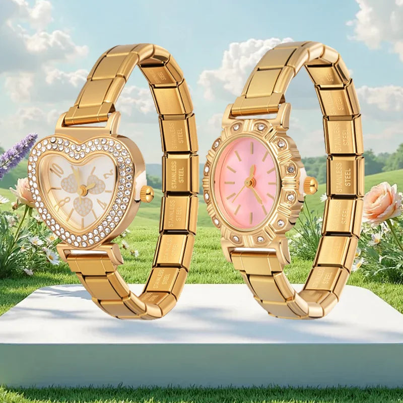 2026 Wholesale Love Heart Oval Dial Watches Women's DIY 9MM Width Italian Elastic Charm Stainless Bracelet Bangle Jewelry Gift Qme