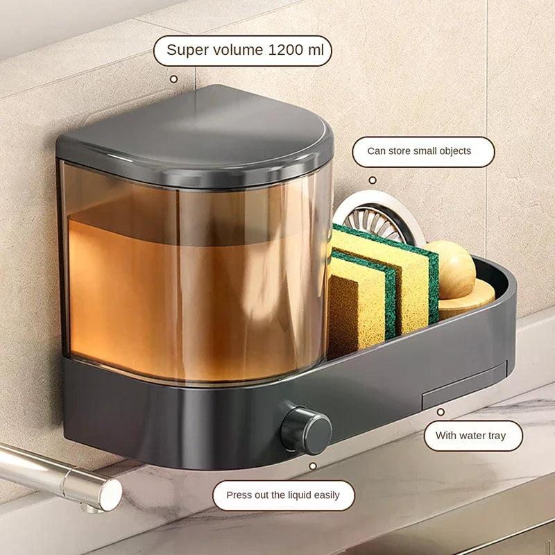 Drain Tray Wall Mounted Soap Dispenser Sponges Holder Hand Press Qme