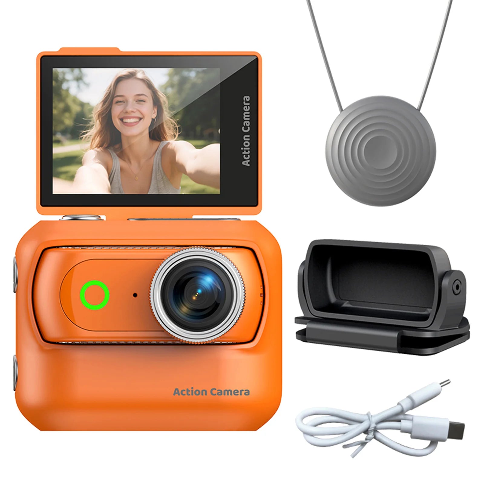 Compact Panoramic Action Camera Anti-Shake Portable Outdoor Travel Camera With Magnetic Neck Strap for Vlog Recording & Selfie Qme Orange