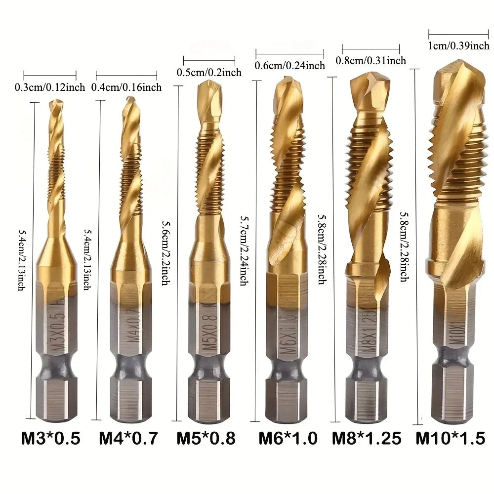 6pcs Titanium Coated HSS Drill Bit Set - Metric Thread M3-M10, Countersink & Screw Tapping Bits for Precision Hole Machining Qme