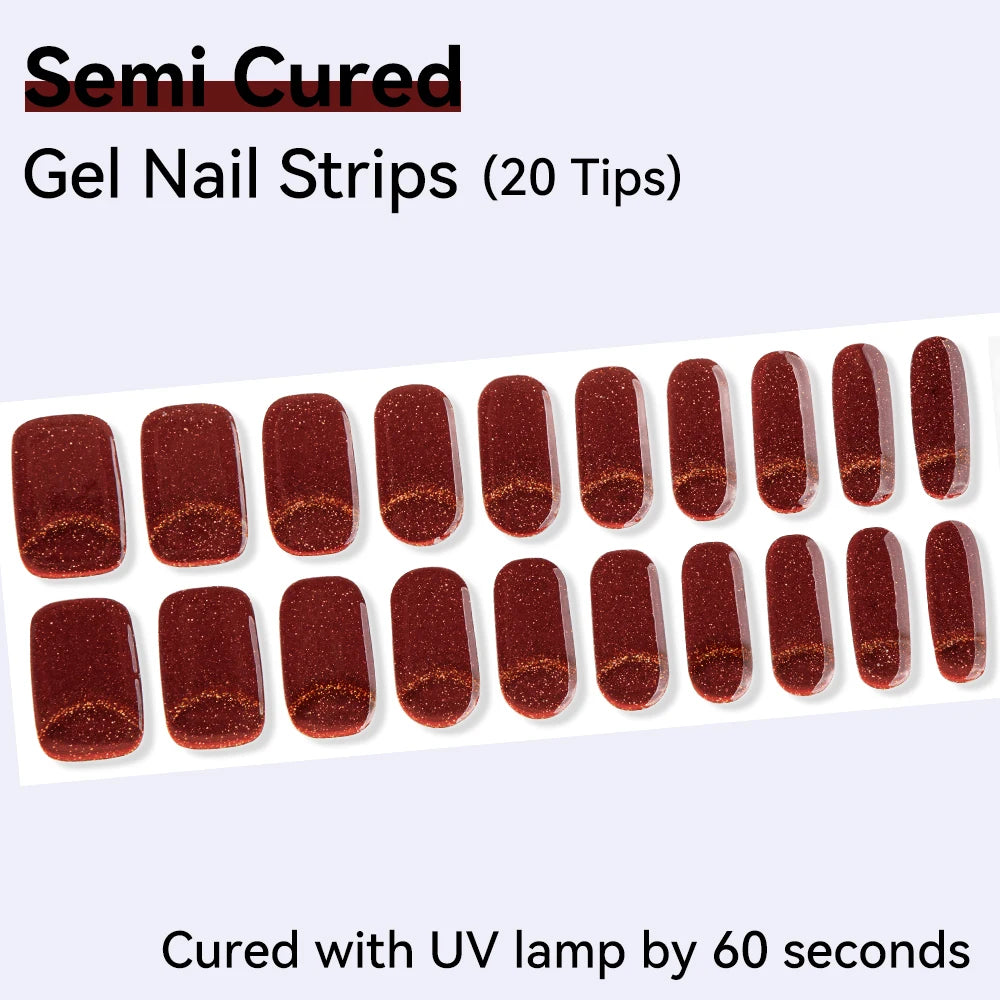 20Tips Sparkly Semi-cured Gel Nail Wraps Full Cover Shinning Pink Qme NC240246
