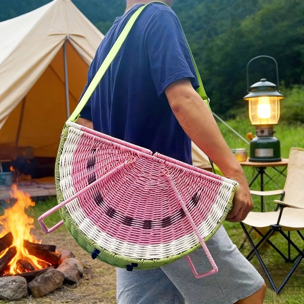 Picnic Basket Retro Watermelon Shaped Picnic Hamper Imitation Rattan Woven Storage Basket with Handle Large Capacity for Camping Qme