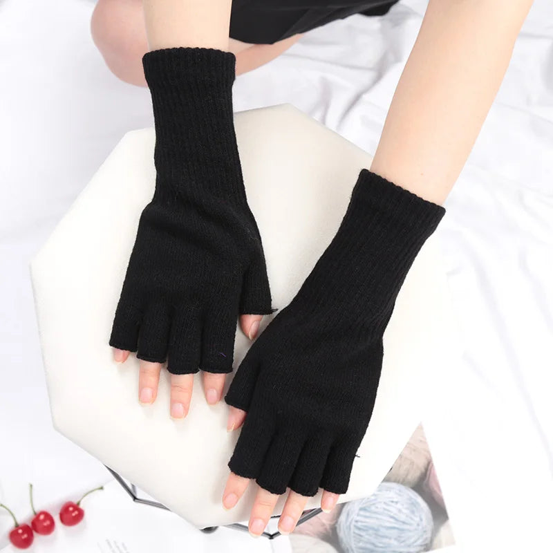 Long Gloves Black Fingerless Knitted Gloves for Men Women Warm Stretch Elastic Fashion Winter Outdoor Mitten Cycling Accessories Qme black one size