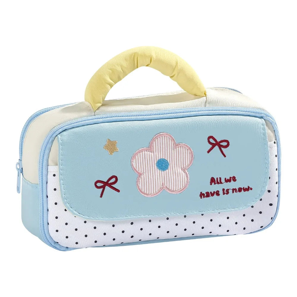 Cute Polka Dot Pencil Box Soft Handle Multi Pocket Stationery Bag Qme