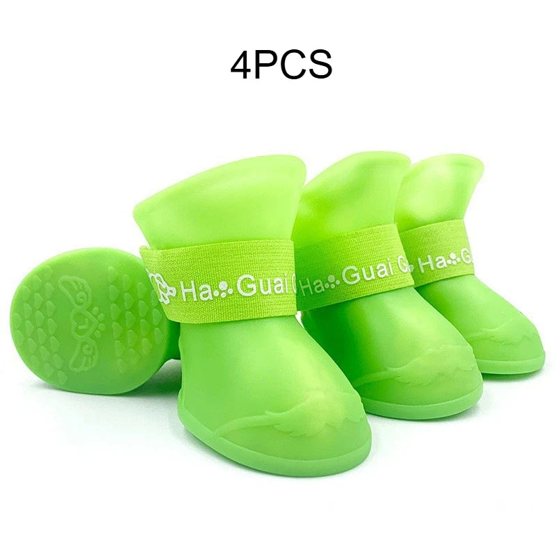 Waterproof Silicone Dog Rain Boots Colorful Pet Shoes Anti-slip Puppy Foot Protector Adjustable Strap Outdoor Walking Booties Qme Green L