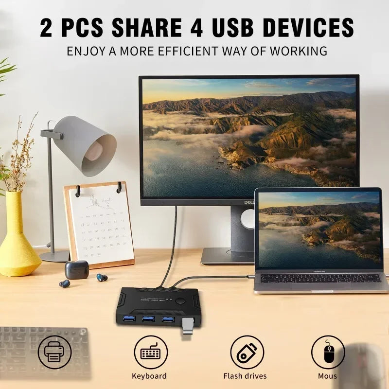 USB KVM Switch USB 3.0 2.0 Switcher KVM Switch for Windows10 PC Keyboard Mouse Printer 2 PCs Sharing 4 Devices USB Switch Qme
