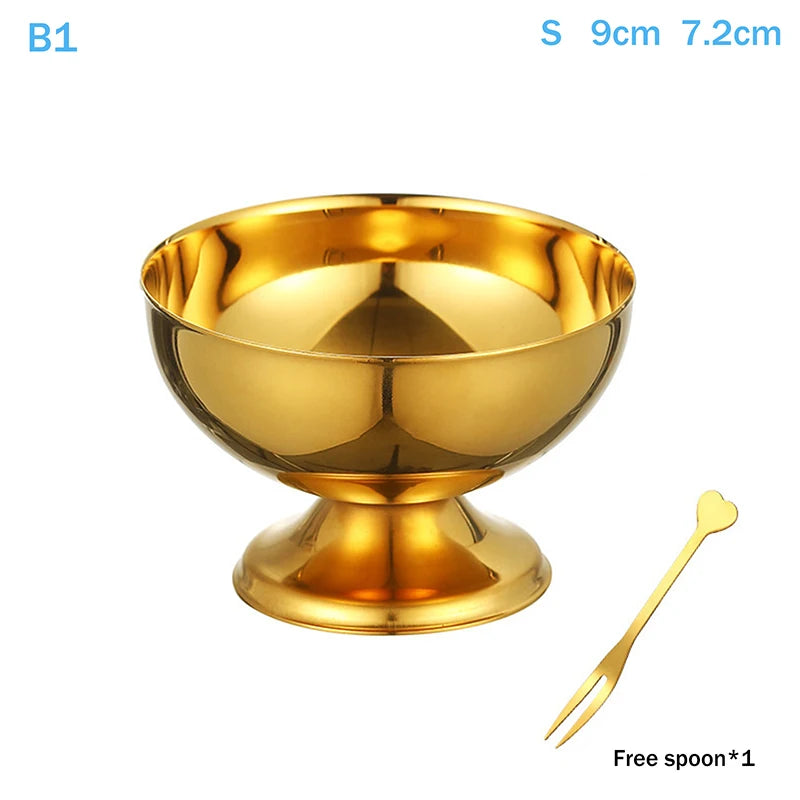 Stainless Steel Ice Cream Cup Gold Silver Dessert Bowl Spoon Qme B1