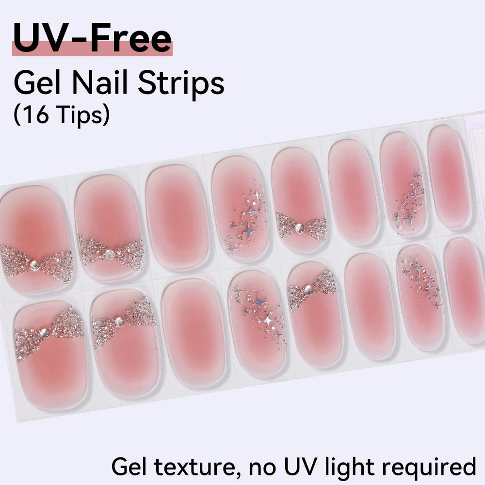 16Tips Pink Red French UV-Free Gel Nail Stickers Sparkly Shinning