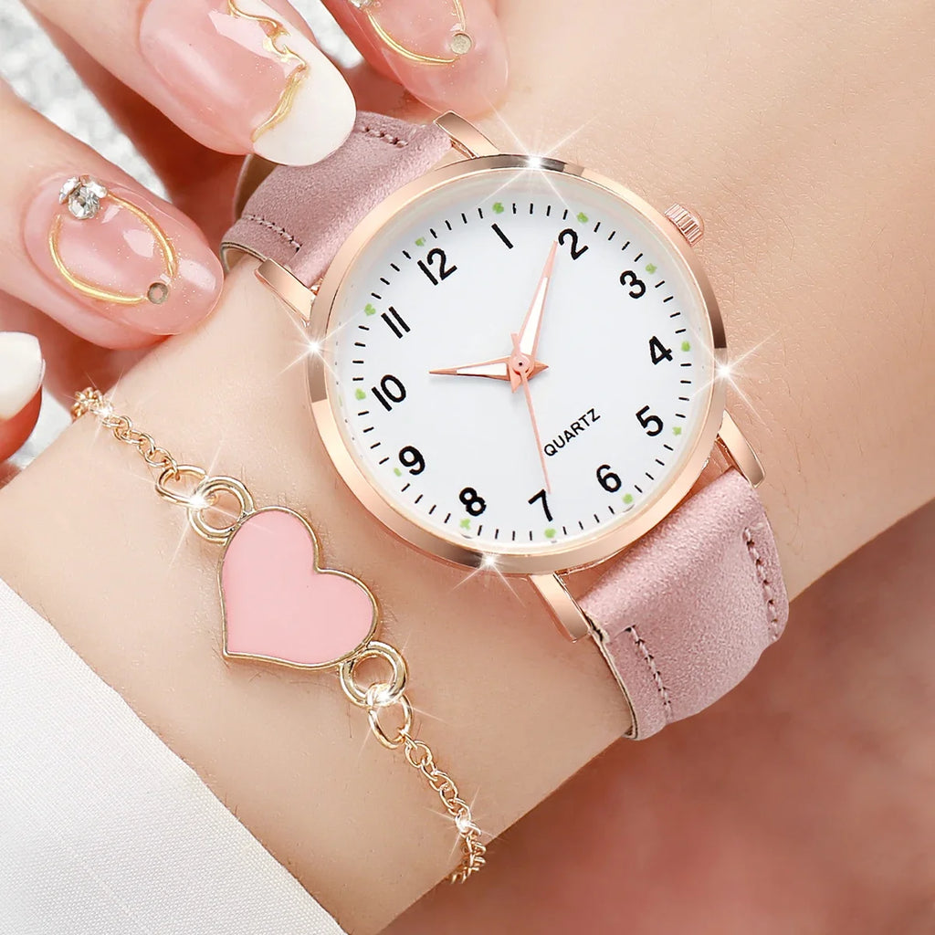 2026 6PCS/4PCS Fashionable luminous pointer watch, small fresh frosted leather casual watch, simple digital quartz watch set Qme