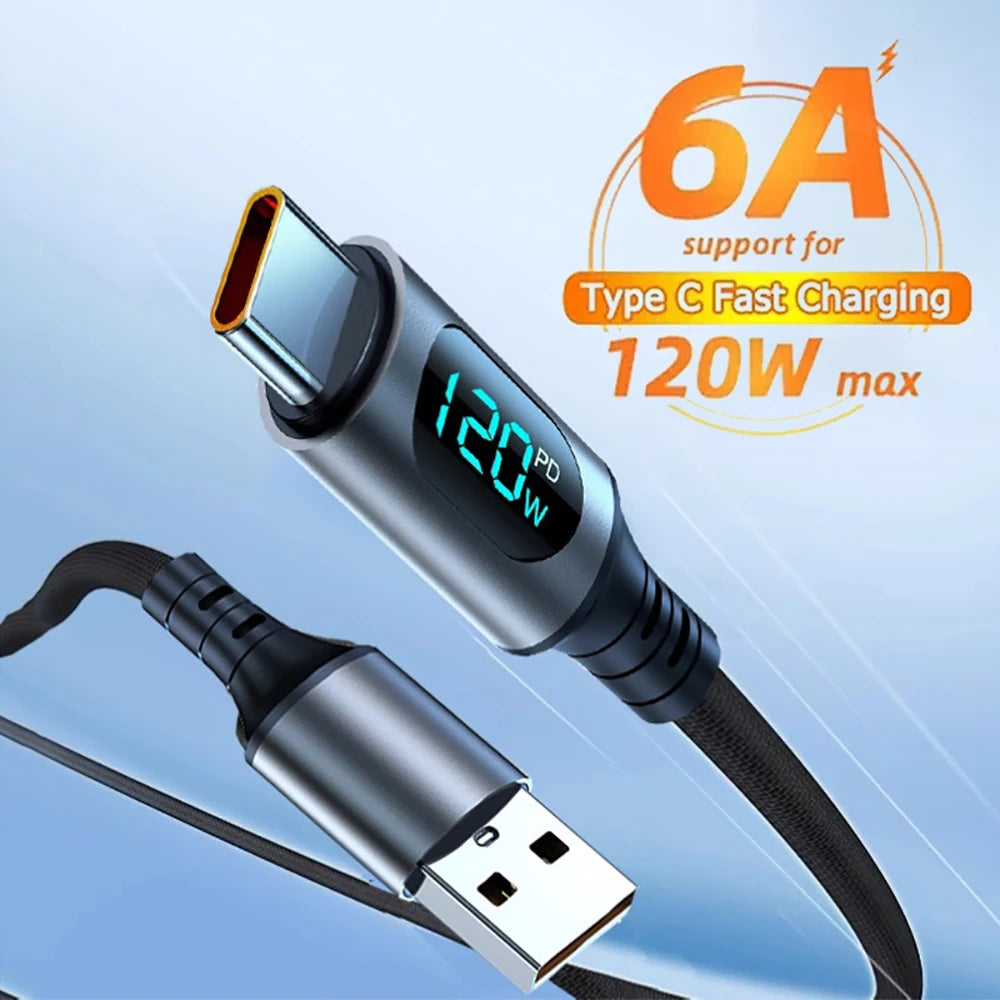 120W Type C Fast Charge Cable With Led Digital Display Cable6A Nylon Data Cord For Xiaomi Samsung iPhone Data Transmission Wire Qme
