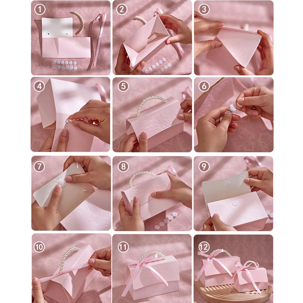 10Pcs Pink Paper Gift Box, Concave and Convex Three-Dimensional Flower Design, with Pearl Handle, Used for Party Holiday Gift Pa Qme