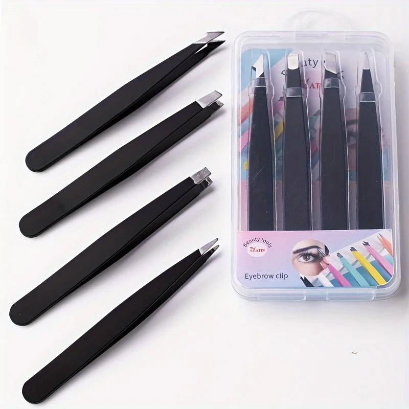 4Pcs Stainless Steel High-Quality Eyebrow Tweezer, Multifunctional Slanted Brow Clips for Fine Hairs Removal Qme Black