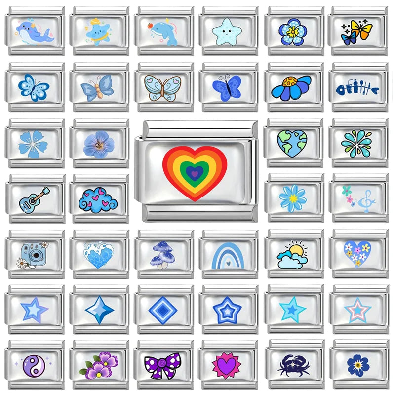 New 2026 Y2K Rainbow Heart Earth Blue Series Pattern Italian Charm Links Fit 9mm Stainless Steel Bracelet Jewelry DIY Making Qme