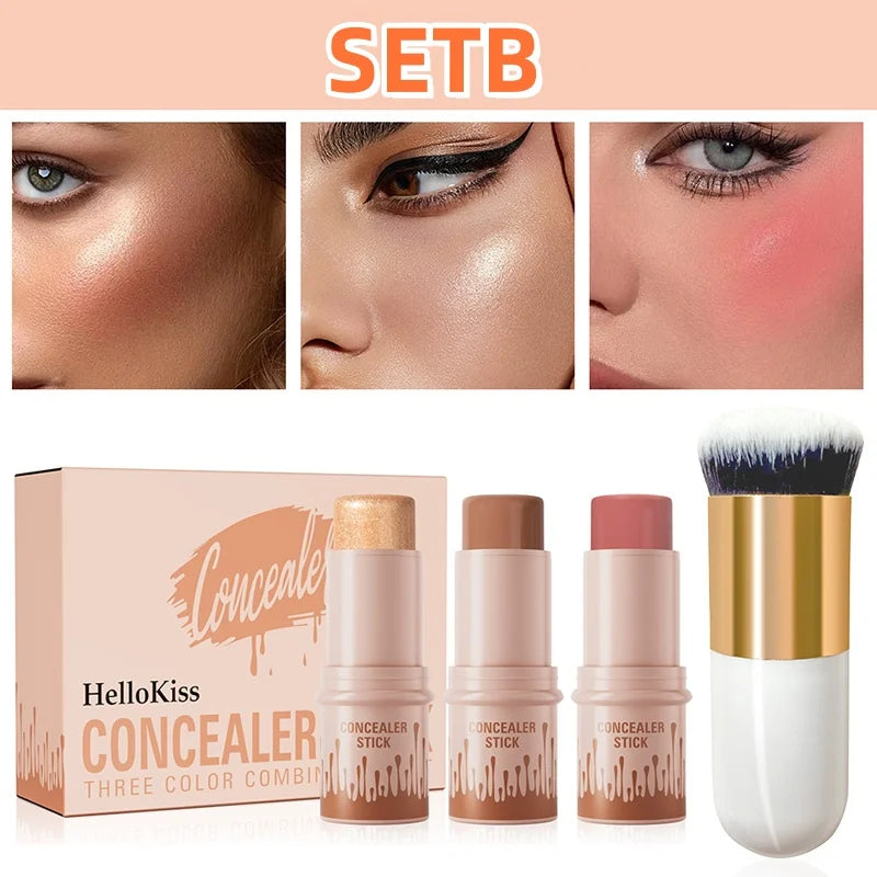 4pcs Set of Contour Stick, Highlight Stick, Blush Stick, Contour Brush, Shapes the Face Contour, Non-Greasy, Waterproof Qme 9507B-020-2