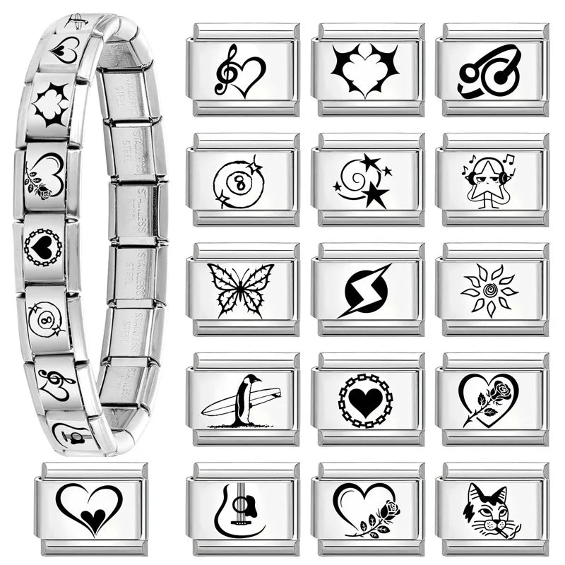 Wholesale Laser Engraving Lightning Heart NO.8 Ball Italian Charm Links Fit 9mm Stainless Steel Bracelet Men Women DIY Making Qme