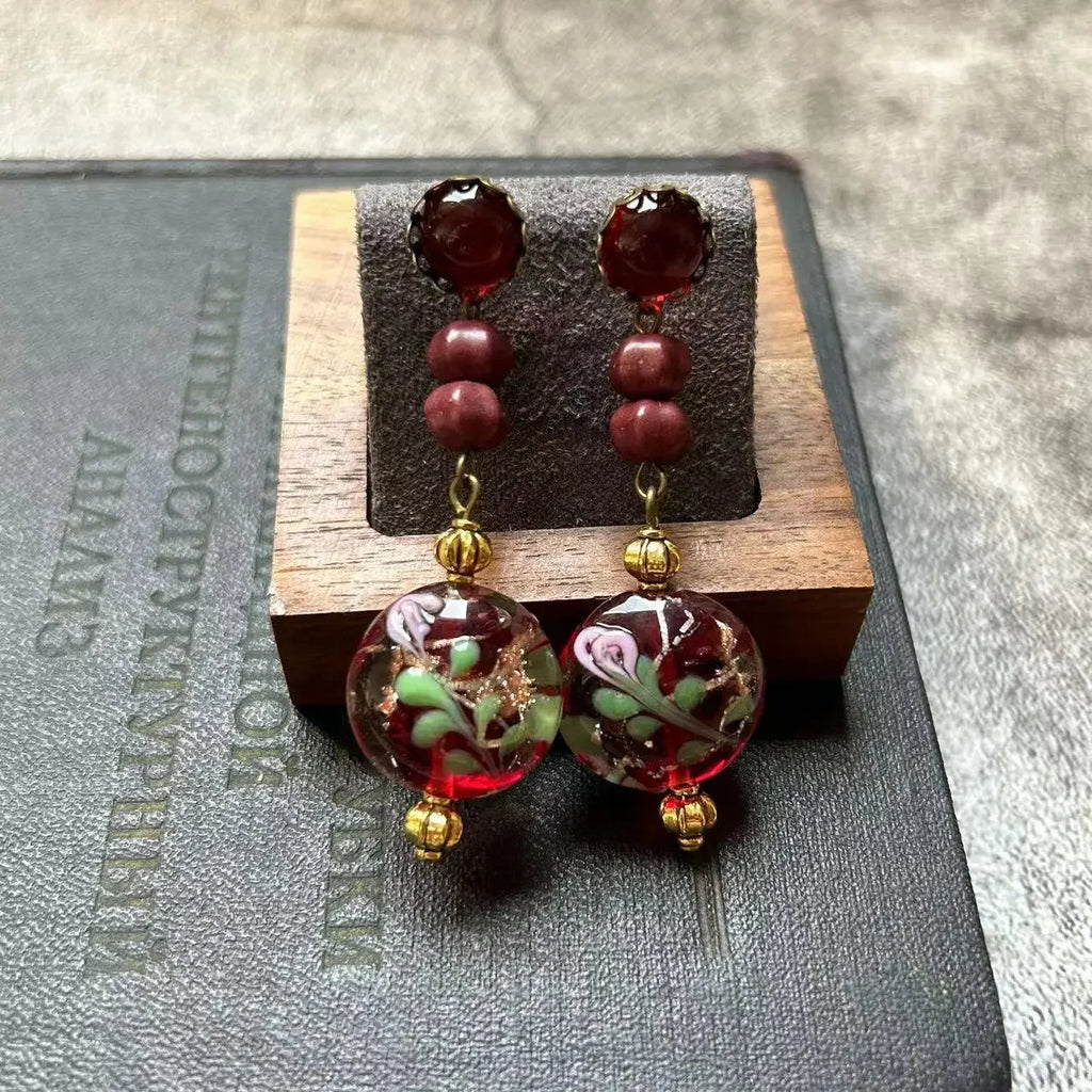 Vintage Flat Round Three-dimensional Red Green Flowers Glass Handmade Gold Foil Fashionable High-end Glass Bead Necklace Qme Earrings