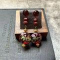 Vintage Flat Round Three-dimensional Red Green Flowers Glass Handmade Gold Foil Fashionable High-end Glass Bead Necklace Qme Earrings