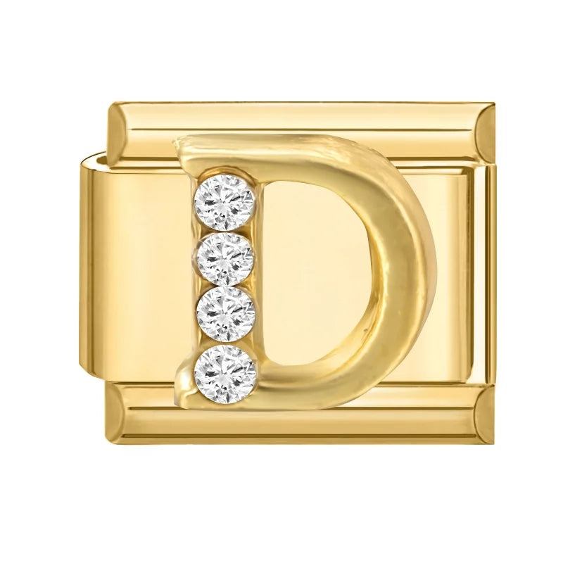 Wholesale Shiny CZ 26 Letters A-Z Gold Color Italian Charms Gold Plated 9mm Stainless Steel Modular Bracelet DIY Jewelry Gift Qme D