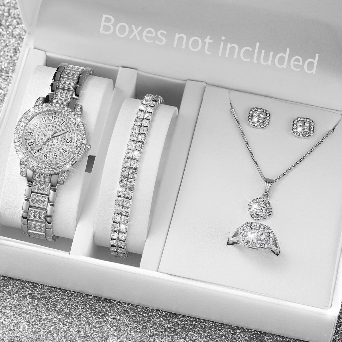 6peçmodacheia de diamantes relógio feminino pulseira de aço dourado relógios de quartzo analógicos conjunto de joias (sem caixa) Qme Silver