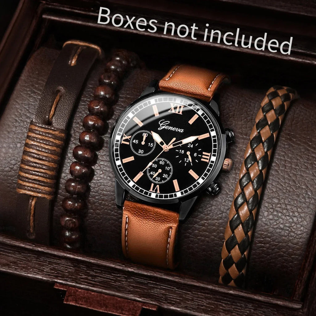 Relógio de quartzo de couro para homens, pulseiras vintage sem caixa, mostrador árabe, moda comercial, 4 pcs/set Qme