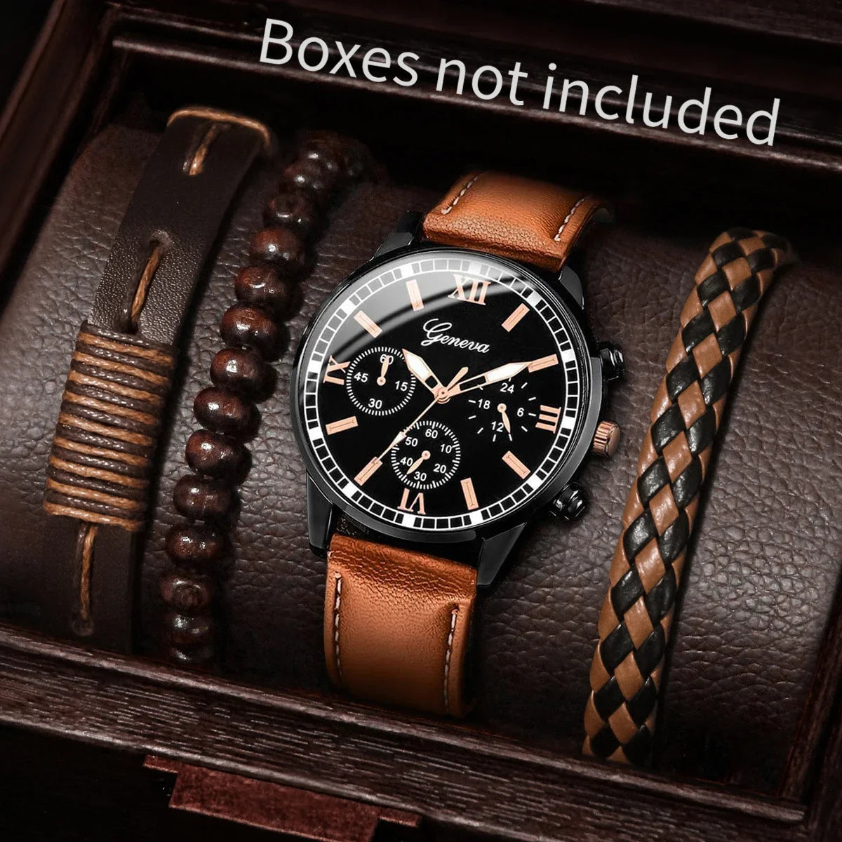 Relógio de quartzo de couro para homens, pulseiras vintage sem caixa, mostrador árabe, moda comercial, 4 pcs/set Qme