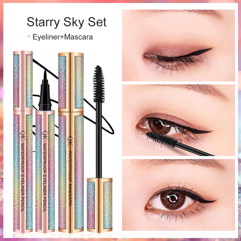 Black Mascara Liquid Eyeliner Set,5D Waterproof Fiber Colored Mascara Volume and Length,Longlasting Smudgeproof Eye Liner Pen Qme