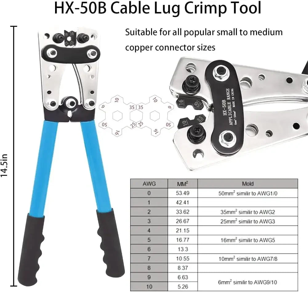 Cable Wire Lug Crimping Tool Kit 10-1 AWG, 8 Sizes 60Pcs Copper Ring Terminals,Terminal Crimper Set for Heavy Duty Wire Lugs Qme