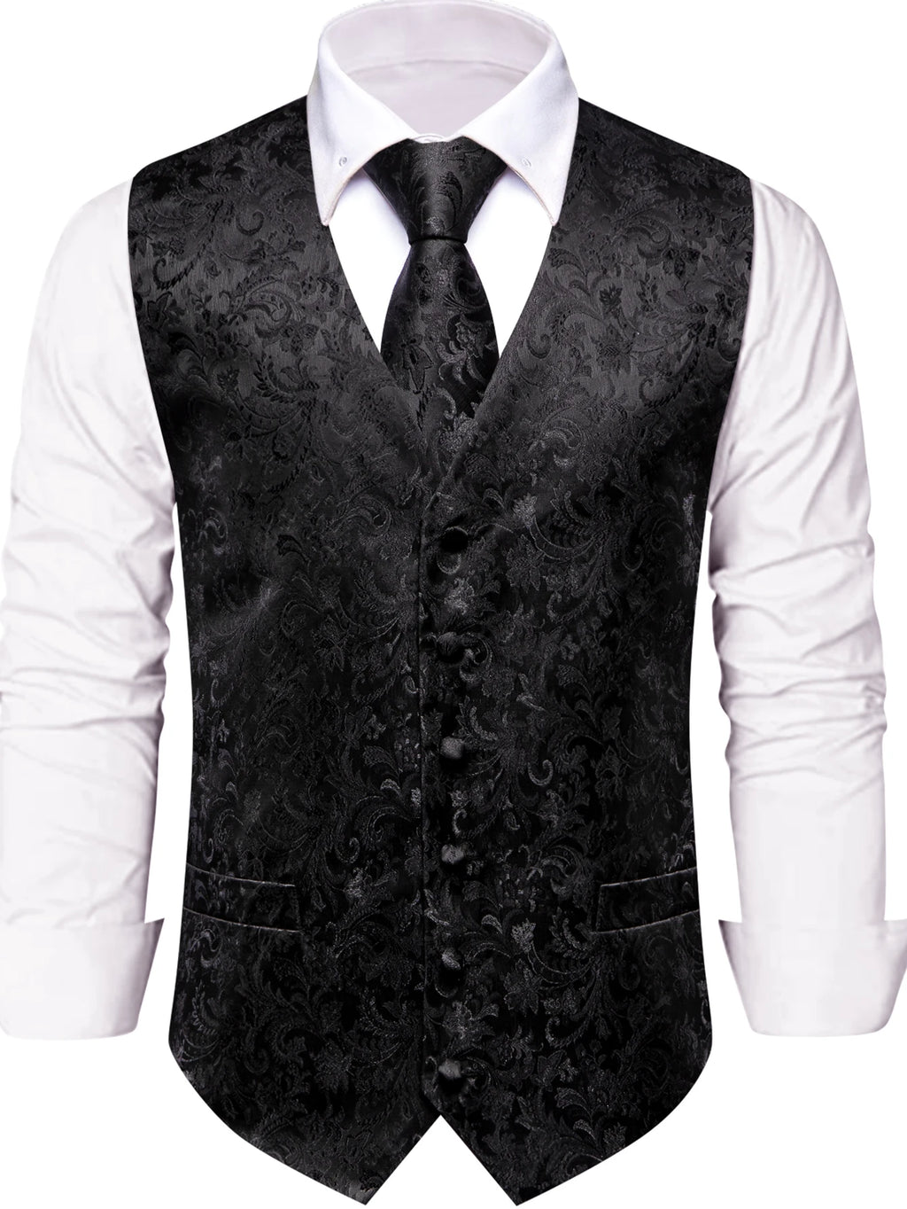 Mens All Black Suit Vest Tie Hanky Cufflinks Set Floral Paisley Waistcoat Sleeveless Jacket Necktie for Male Wedding Busniess Qme