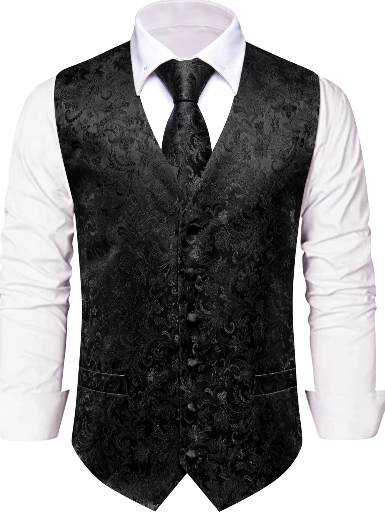 Mens All Black Suit Vest Tie Hanky Cufflinks Set Floral Paisley Waistcoat Sleeveless Jacket Necktie for Male Wedding Busniess Qme