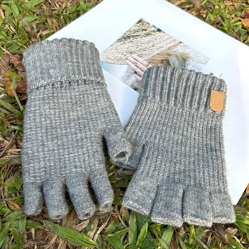 Black Winter Thick Elastic Knitted Gloves Warm Writting Office Cycling Fingerless Glove for Men Women Touchscreen Work Gloves Qme