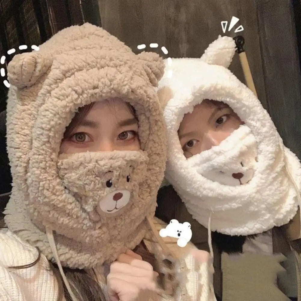 Winter Bear Plush Hat Scarf Mask One-Piece Warm Women's Cozy All-Match Cold Resistance Student Overhead Cap Fashion Accessory Qme