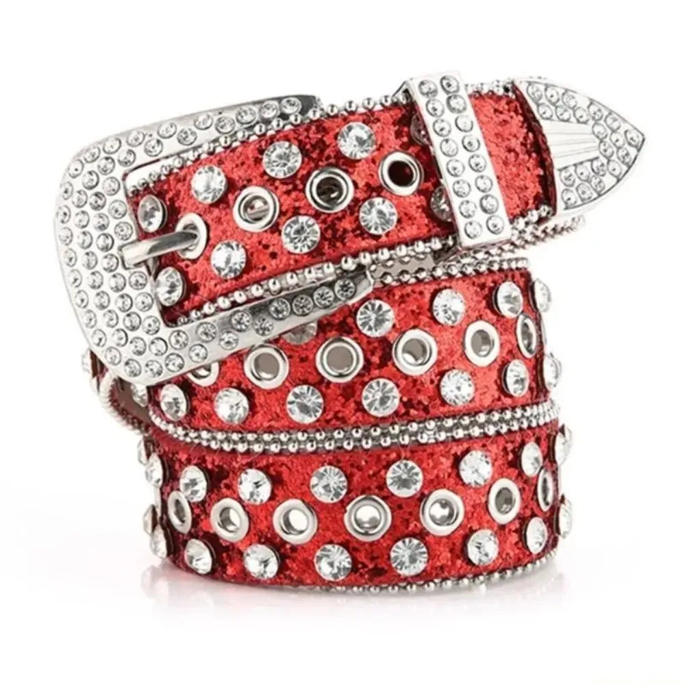 Simple PU Leather Rhinestone Belts Spicy Girl Blingbling Rivet Belt Qme Red