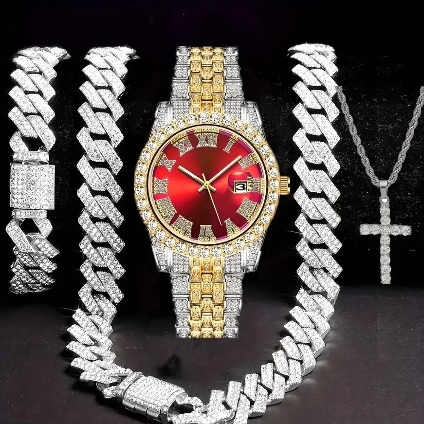 Men's Bling Jewelry Set: Iced Out Watch + Cuban Link Chain + Cross Pendant Necklace + Bracelet, 4Pcs Hip Hop Set Qme Brown