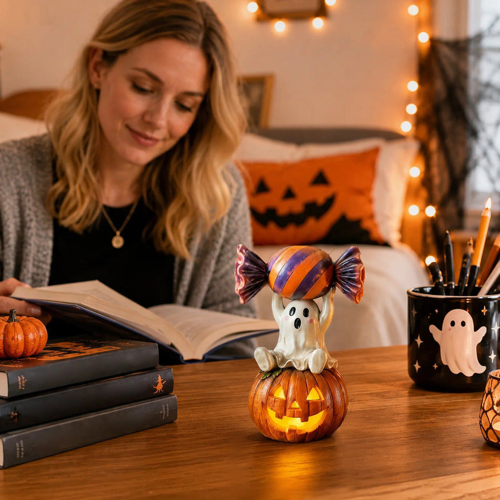New Cute Candy Ghost Resin Statue Desktop Ornaments Crafts Siting Posture Home Decoration Accessories Halloween Party Gift Qme