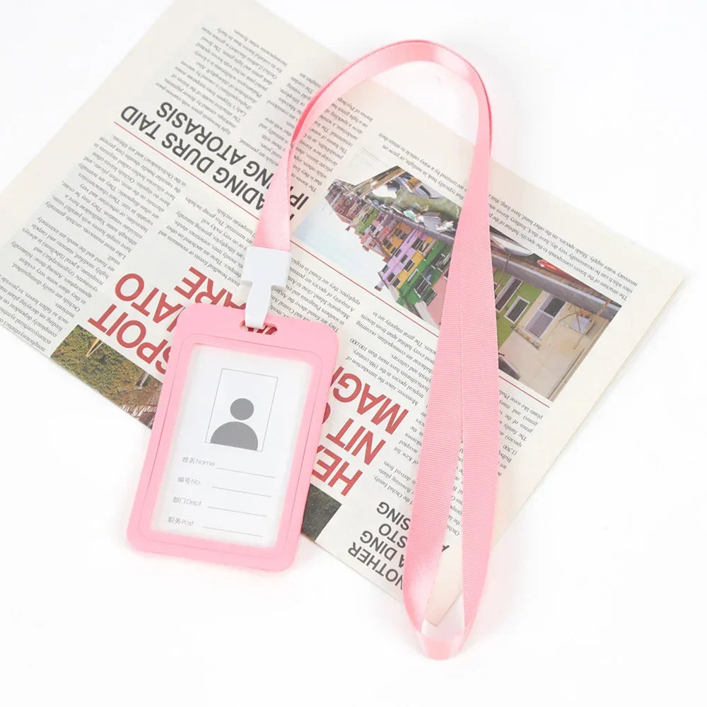 Card Holder ID Sleeve Credit Cover Bus Case Credential Badge Lanyard Qme Pink