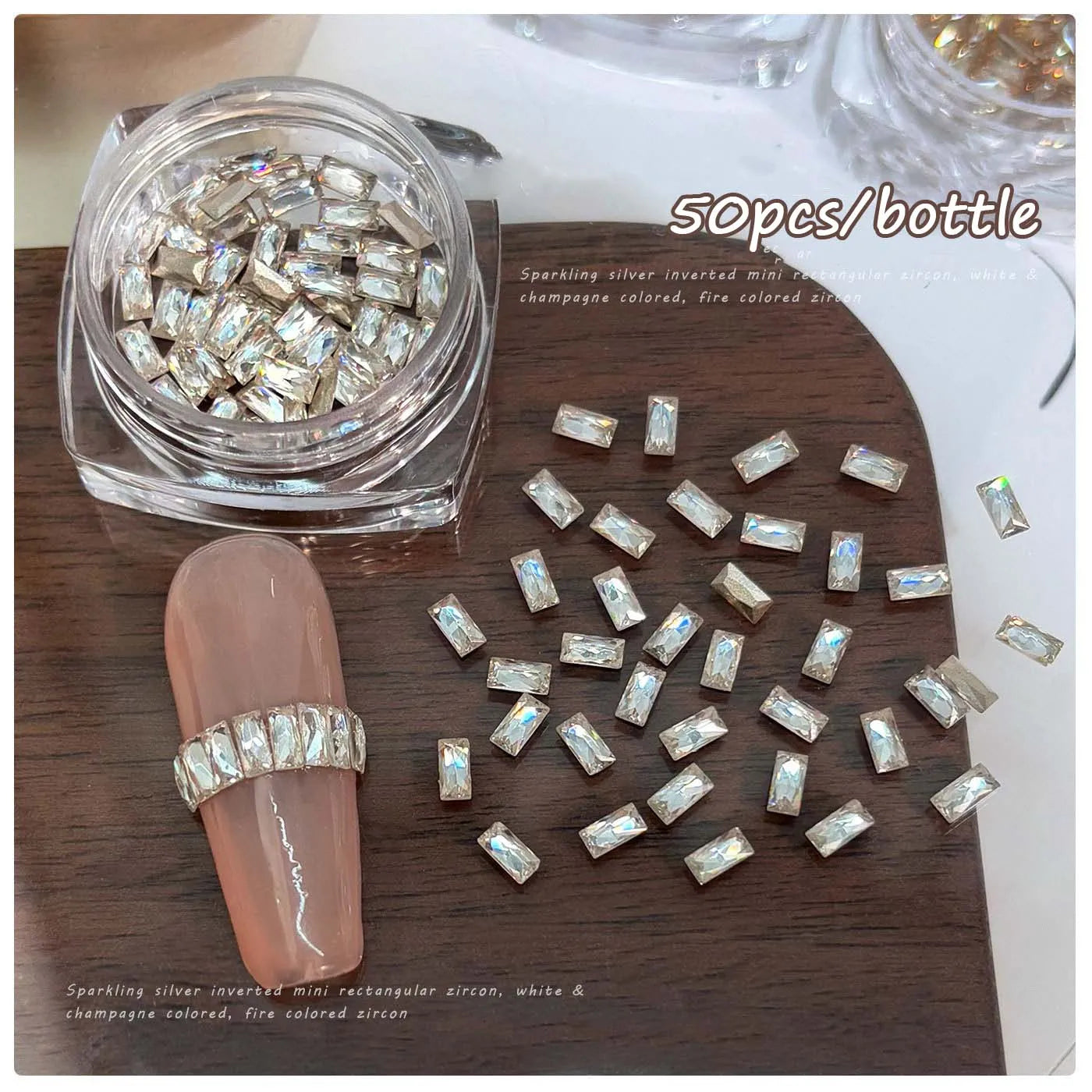 50Pcs Mini Long Strip Zircon Nail Rhinestones Super Sparkle Clear White/Champagne DIY Nail Art Decor Flat-Back 2*4MM Accessories Qme white 50pcs