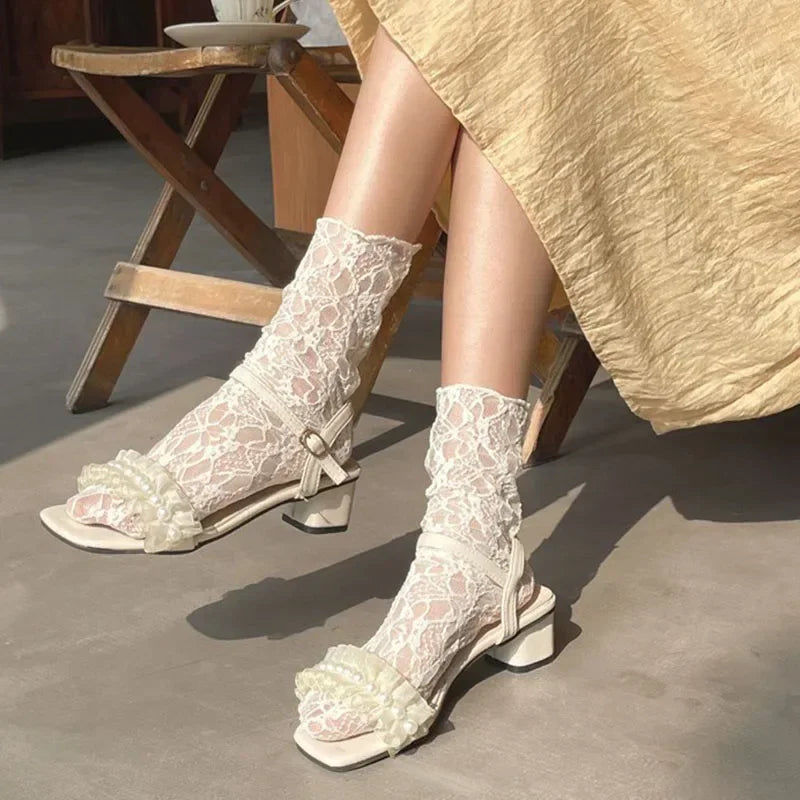 Women Kawaii Japanese Fashion Sock Retro Lace Floral Mesh Lolita Cute Qme